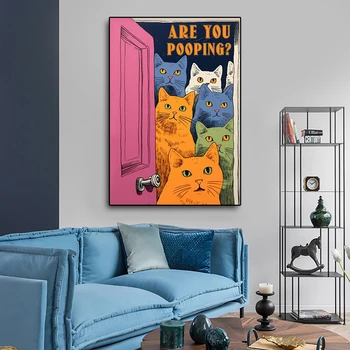Keista katė vonios kambaryje Minimalistinio stiliaus spausdintas plakatas Įdomus drobės menas Svetainės ir namų sienos dekoravimas