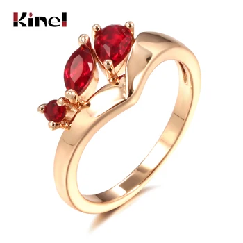 Kinel Luxury Red Natural Zircon Ring for Women 585 Rose Gold Ethnic Bride Ring Vintage Wedding Jewelry 2021 New