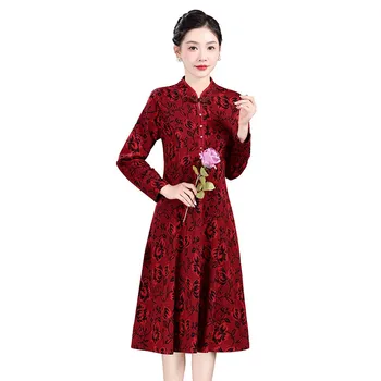 kinų stiliaus elegantiška Cheongsam žakardo suknelė Moteriškos vintažinės plonos veliūrinės suknelės ilgomis rankovėmis Retro Midi Vestidos