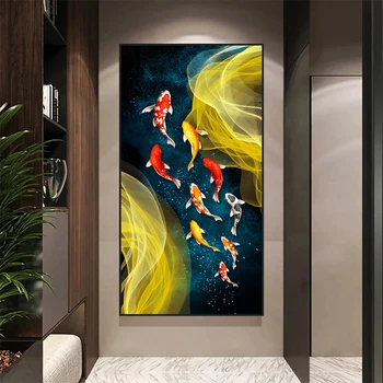 Koi Žuvis Lotosas Auksinės linijos Abstraktus plakatas Drobė Tapyba Sienų meno atspaudai Paveikslėlis svetainei Modernus namų dekoras Cuadros
