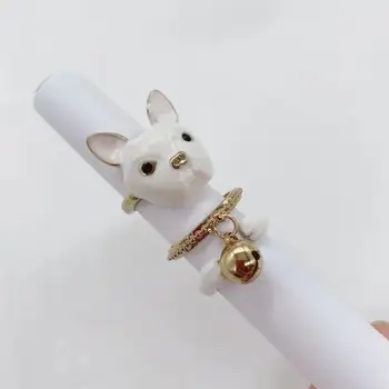 Korėjietiškas mielas dizaino šuo mažas varpelio žiedas ranka dažytas aliejus, lašantis trijų dalių derinys Gyvūnų žiedų žavesys Lady Party papuošalai