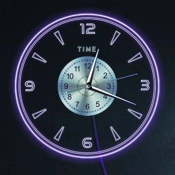 LED neoninio apšvietimo akrilinis sieninis laikrodis su keliomis besikeičiančiomis spalvomis Modernaus dizaino sieninis laikrodis Švytėjimas tamsoje žmogui urvo svetainė