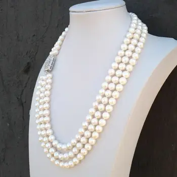 long 3rows AAA++ 8-9mm 9-10mm natural akoya white pearl vėrinys 925s 18 19 20in