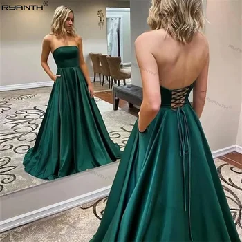 Long Satin Green Spetless Prom Suknelės be rankovių A-Line Maxi Corset Back Formal Evening Party Gowns Lace Up Celebrity Dress