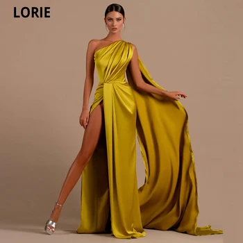 LORIE A-line Gold Pleat Vakarinės suknelės One Shoulder Side Split Satin Arabic Prom Gowns Dubai Floor Length Pageant Party Suknelės