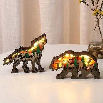 Mediniai gyvūnų papuošalai Šviečianti LED šviesa 3D tuščiaviduris drožyba Pagrindinis Kambario dekoro figūrėlės Amatai Darbastalio dekoravimo priedai