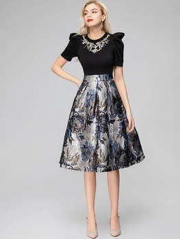 MoaaYina Mados dizainerio suknelė Vasarinė moteriška midi suknelė Pūstomis rankovėmis Karoliukai Patchwork Elegance Party suknelės