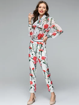 MoaaYina Mados dizainerė Elegantiškas kostiumas Vasaros moteriškas O-Neck žibintas ilgomis rankovėmis Gėlių spausdinimo marškiniai+Kelnės Ser