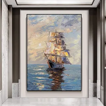 Modernus menas rankomis tapytas laivas Aliejinė tapyba Saulėlydis Burlaivis Peizažo tapyba Verandos svetainė Prieškambaris Namų dekoravimo paveikslas