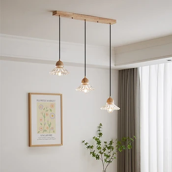 Modernus stiklinis pakabinamas šviestuvas Japoniška medinė LED pakabinama lemputė Šiaurės šalių blizgesys virtuvei valgomasis kavinė namų dekoras E27 šviestuvas