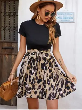 Moteriška suknelė trumpomis rankovėmis trumpomis rankovėmis Fashion Leopard Print Casual Slim Belt A-line suknelės 2022 Summer Black Woman Chalatas