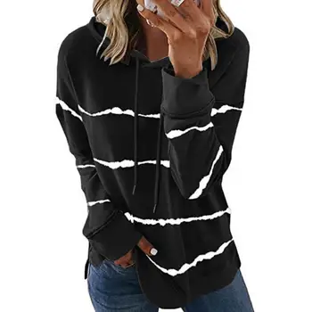 Moteriškos džemperio juostelės su gobtuvu laisvalaikio spausdinimo viršūnės apsipirkimui Džemperis ilgomis rankovėmis megztinis per didelis apsipirkimui