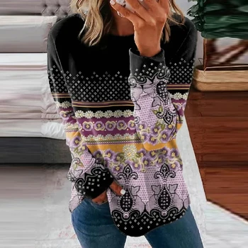 Moterys Boho Print Džemperis su gobtuvu 3D spausdinti Džemperiai su gobtuvu Moteriški vintažiniai O-Kaklo ilgomis rankovėmis Megztinių mada Moteriški džemperiai