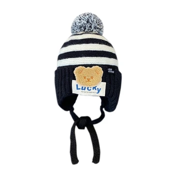 N80C Baby Knit Hat Fall Winter Cartoon dryžuotas Beanie kepurės ausų apsaugos skrybėlė Vaikiškas megztas variklio dangtis Vėjui atsparus galvos apdangalas