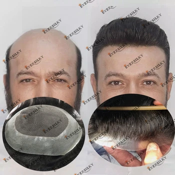 Natural Hairline Microknots Poly Skin Basis with French Lace In Centre 100% Human Hair Men's Toupee plaukų keitimo sistema