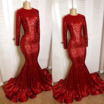 Nauja graži suknelė Undinėlė Prom Blizganti blizgučiai Raudona O kaklo ilgomis rankovėmis Blizgučiai Oficialios prabangios vakarinės suknelės 2023
