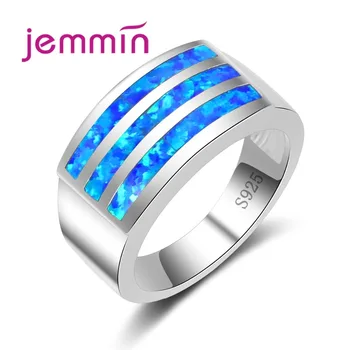 New Arrival Three Bars of Blue Opal Crystal 925 Sterling Silver Ring Rectangle Design Women Wide Band Bijoux