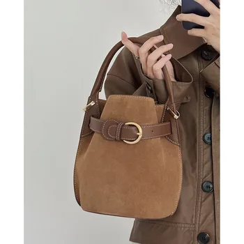 New Cowhide Bucket Bag Female Vintage Style Single Shoulder Crossbody Luxury Brand Music Bag Commuter Bag