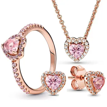 Original 925 Sterling Silver Rose Sparkling Elevated Heart Necklace auskarų žiedas su rožiniu kristalu moterims Europos papuošalų rinkinys