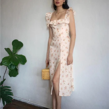 prancūziška lininė gėlėta midi suknelė be rankovių moteriška kvadratinė kaklo temperamentas aukštas juosmuo plonas apvadas Elegantiški chalatai 2023 m. vasara
