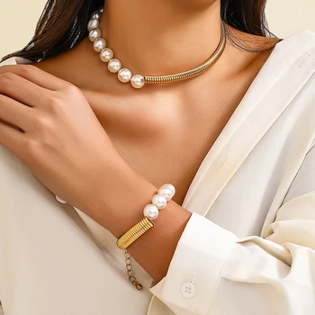 PuRui madinga aukso spalvos juostinė apykaklė su perlų karoliukų imitacija Vėriniai moterims Trumpas užspringęs vintažinis papuošalų vakarėlis