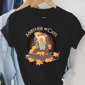 Raštas Marškinėliai Mada Laisvalaikio moteriški drabužiai Mielas katinas Spausdinti Saldus stilius Mielas Vasaros linksmybės Trumpomis rankovėmis Juodo atspaudo marškinėliai.