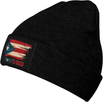 Retro Puerto Riko vėliava Minkštas tempimas Šiluma Beanie,Vyrai Moterys rankogaliai Stora kaukolė Megzta kepurė Juoda