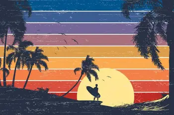 Retro Surfer Sunset Beach grafinis spausdinimas Meno drobės plakatas svetainės dekoro namų sienos nuotraukai