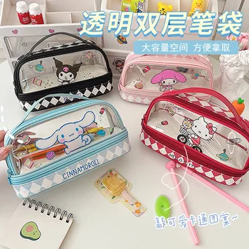 Sanrio Hello Kitty pieštukų krepšys Mokyklos biuras Didelės talpos skaidrus dvisluoksnis nešiojamas kanceliarinių prekių dėžutė Studentų nauji rašiklių krepšiai