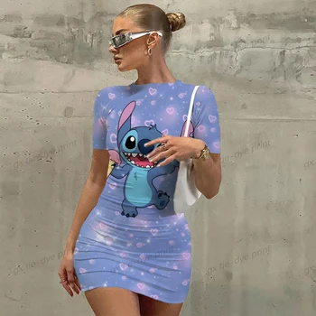 Sexy Disney Stitch Print Bodycon Mini suknelė Moterys 2023 m. vasaraElegantiškos vakarinės trumpos suknelės Mada Laisvalaikio vakarėlis Atostogų drabužiai