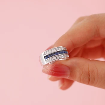 Simple Wide Three Row Zircon Blue Silver Plateed Ring Moteriškų papuošalų dovana