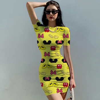 Summer Casual Holiday Slim Fit suknelė Moteriška Disney Mickey Mouse 3D Print O-Neck Fashion Skinny Women's Mini Wrap suknelė Nauja