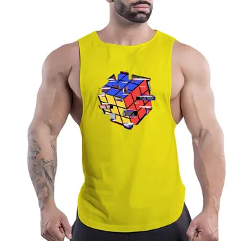 Summer Outdoor Fitness Casual Adult Vyriška liemenė su O-apykakle Creative Rubik'S Cube 2D Printed Patogūs kvėpuojantys marškiniai be rankovių