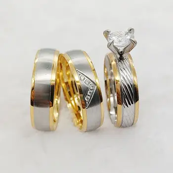 Sužadėtuvių žiedų mėgėjai Bicolor 14k paauksuoti nerūdijančio plieno papuošalai cz Deimantų poros Vestuvinių žiedų rinkiniai vyrams ir moterims