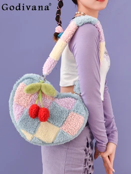Sweet Cute Women's Shoulder Bags Fashion All-Match Japanese Cherry Fur Bag Autumn Winter New Color Contrast Patchwork Plush Bags