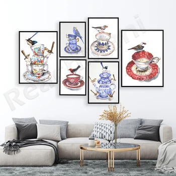 Teacup Bird Kinų stiliaus akvarelė Automne Hiver Oriental Mountain Blue Bird Chinese Willow Style Canvas Print Plakatas