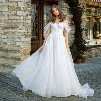 TIXLEAR Moterys Minimalistiniai blizgučiai Nėriniai nuo peties Sparkly Boho vestuvinė suknelė Illusion Backless Bohemian Bridal Gown Gown 2022