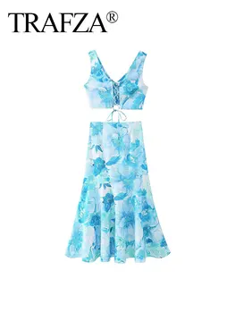 TRAFZA 2024 Moteriškas elegantiškas gėlėmis margintas mėlyno sijono kostiumas Vintažinis dirželis Apkarpyta liemenė Plonas sijonas aukštu juosmeniu Vasaros dviejų dalių rinkinys