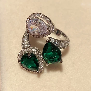 Uilz Ins Smaragdo cirkono lapų atviri žiedai moterims Trijų akmenų piršto vandens lašo žiedas Pažadas Prabangūs ravėjimo gimtadienio papuošalai