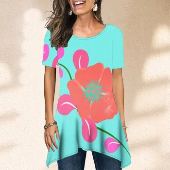 Vasaros moteriški marškinėliai trumpomis rankovėmis Palaidinė Naujos akvarelės gėlės Spausdinti Blusas De Verano Mujer 2023 marškinėliai