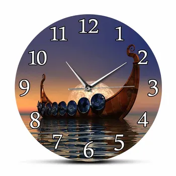 Viking Boat Drakkar Model Boat Silent Quartz Wall Clock Nordic Landscape Longship Fine Art Printed Clock Scandinavian Home Décor