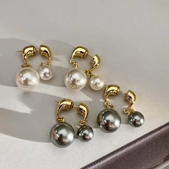 Vintažinis aukso spalvos perlas Dvipusiai kabantys auskarai moterims Mada Elegantiški metaliniai perlų auskarai Juvelyrikos vakarėlio dovanos