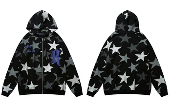 Vintažinis džemperis su gobtuvu gatvės apranga Y2K Hip Hop siuvinėjimo laiškas Retro žvaigždė Spausdinti Užtrauktukas Laisvalaikio striukė su gobtuvu