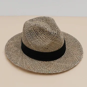 Wide Brim Straw Hat Sea Grass Summer Panama Hats for Women Black Band Sun Hat Flat Brim Derby Holiday Beach Hat for Men Adult