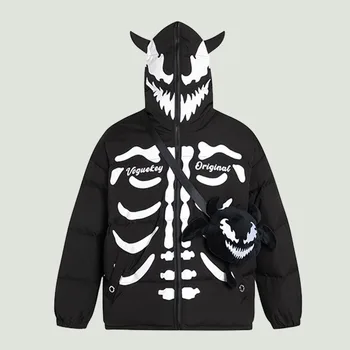 Winter Hooded Parkas Mens Retro Skeleton Printed Patchwork Padded Jackets Streetwear Harajuku Casual Loose Puffer Coats Unisex