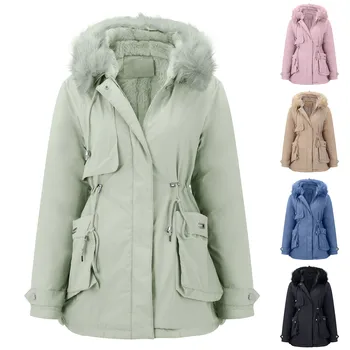 Women Daily Winter Coat Lapel Apykaklė Striukė ilgomis rankovėmis Vintage Thicken Coat Striukė Šiltas gobtuvas Stori paminkštinti viršutiniai drabužiai