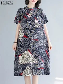 ZANZEA Vintažiniai plyšiniai apsiaustai Elegantiškos spaudos Cheongsam suknelės moterys Medvilninė Vestido Laisvalaikio vasaros suknelė trumpomis rankovėmis iki kelių