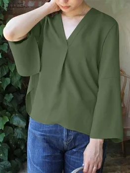 ZANZEA Woman Casual Loose Palaidinė Spring Elegant Holiday Chemise 3/4 rankovės V formos kaklo tunikos viršūnės Moteriška mada Vienspalviai marškiniai
