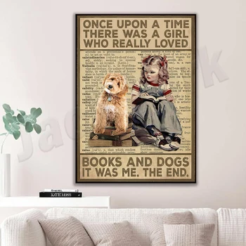 šuns plakatas, kažkada mylėjo šunis ir knygas senovinis plakatas, juokingas šunų skaitymo plakatas, meilės šunys ir knygų plakatas