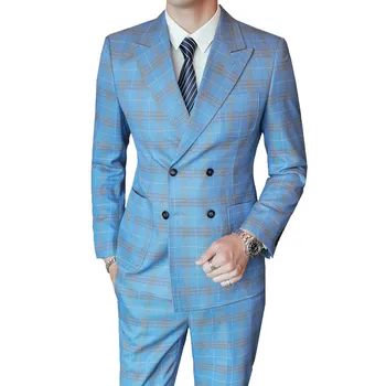 šviesiai mėlynas trijų dalių rinkinys Vyriškas pledas plonas dvipusis kostiumas paltas Kelnės Liemenė Aukštos klasės didelio dydžio S-5XL Blazer striukių verslas